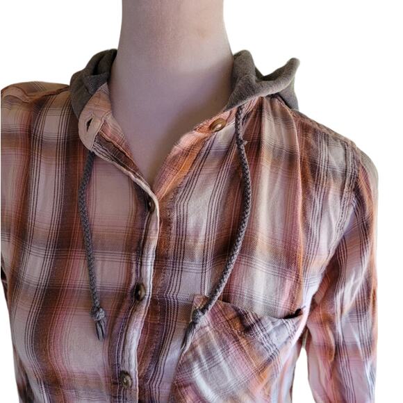 Mudd Womens Plaid Button Hoodie XS Rust Pink Gray Lightweight Cotton Modal - Picture 8 of 10